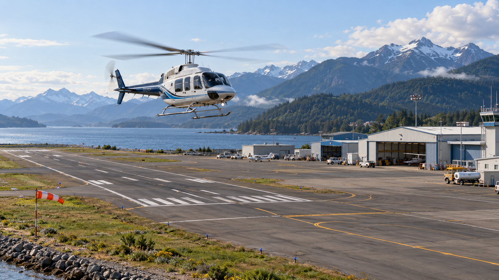 Civilian utility helicopter flying over an airfield and coastal landscape
